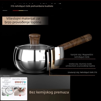 Bebina posuda od nepremazanog 316-staklenog čelika, bez premaza, indukcija kompatibilna, trostruko dno, stakleni poklopac