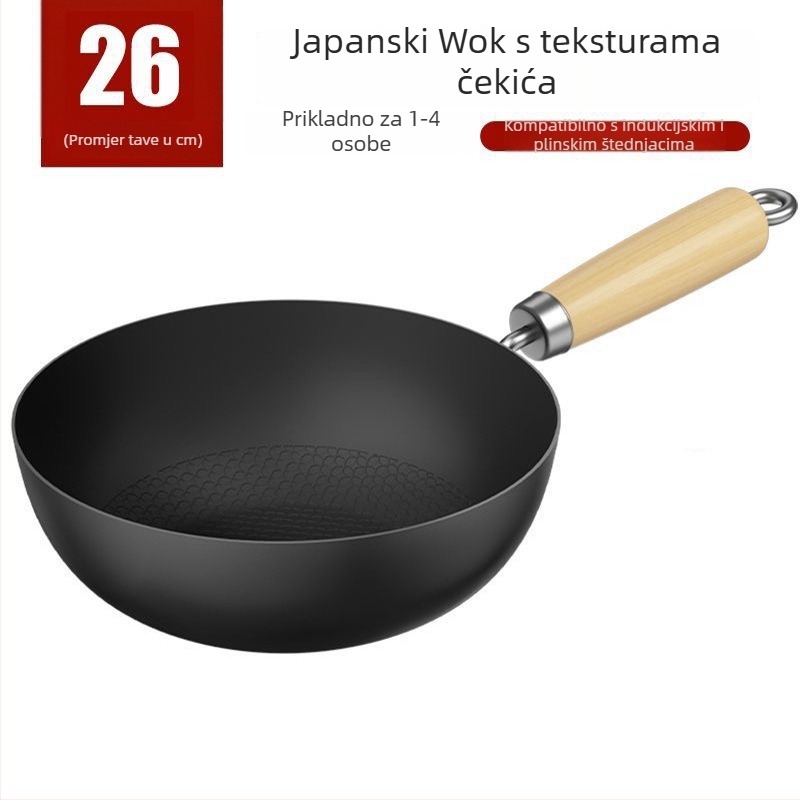 Japanski stil wok s jednom držačem, ravno dno, za jednu osobu, bez premaza, od lijevanog željeza, za kuhanje kod kuće – prženje, kuhanje, dinstanje, sotiranje
