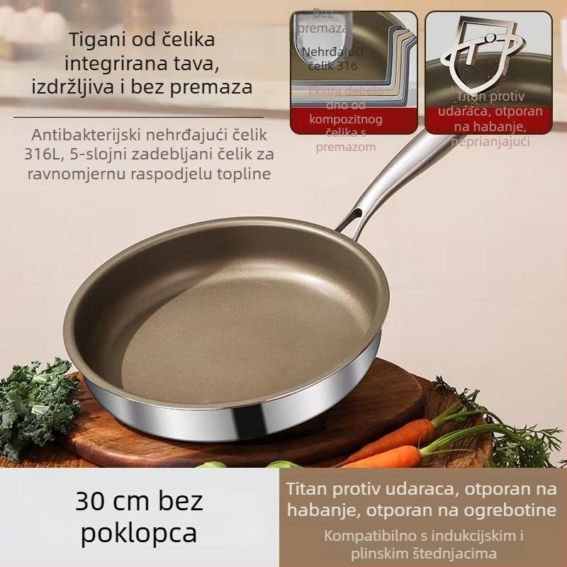 Neprijanjajući tiganj od 316L nehrđajućeg čelika, ravno dno, kompatibilan s indukcijskim i plinskim pločama, bez premaza, za komercijalnu uporabu