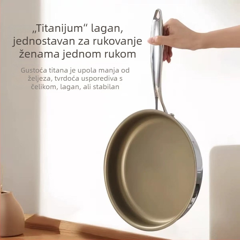 Neprijanjajući tiganj od 316L nehrđajućeg čelika, ravno dno, kompatibilan s indukcijskim i plinskim pločama, bez premaza, za komercijalnu uporabu
