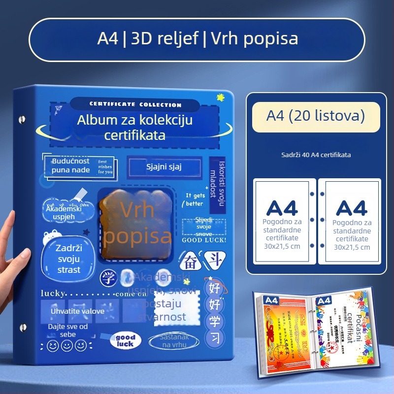 A4 album za certifikate za djecu, s A3 listovima za certifikate i mogućnošću kačenja