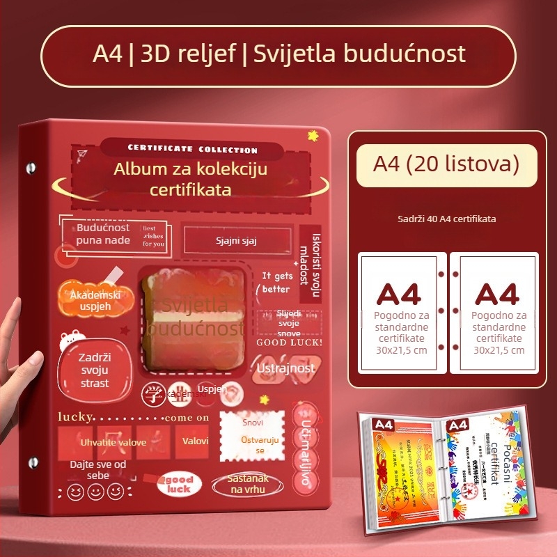 A4 album za certifikate za djecu, s A3 listovima za certifikate i mogućnošću kačenja