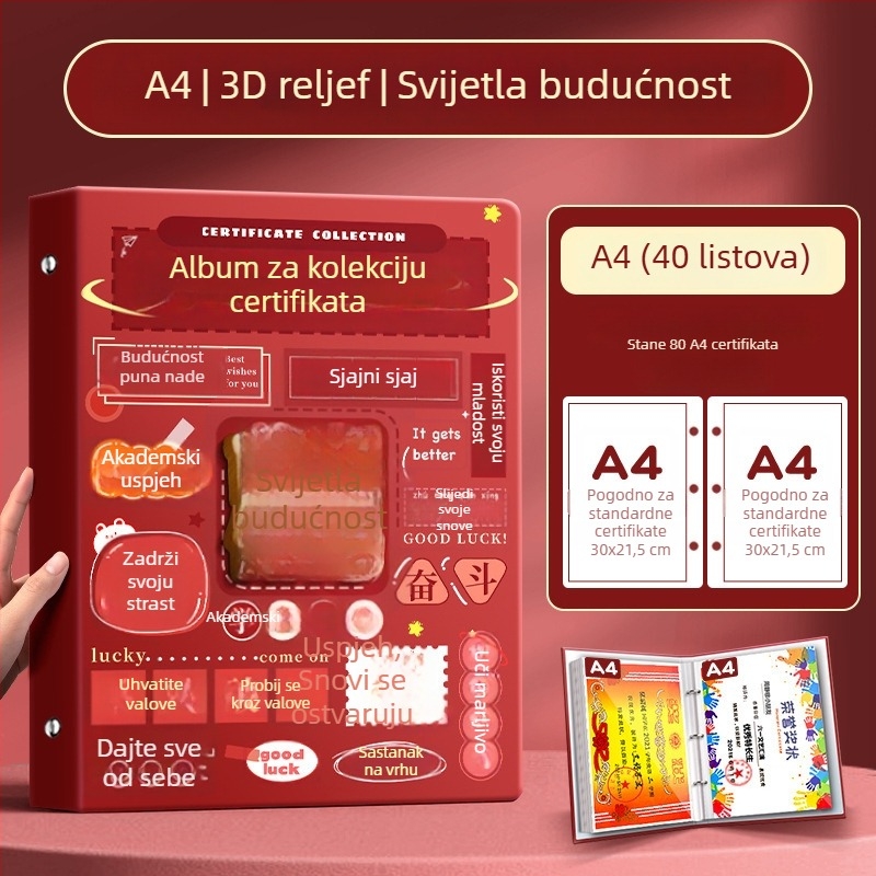 A4 album za certifikate za djecu, s A3 listovima za certifikate i mogućnošću kačenja