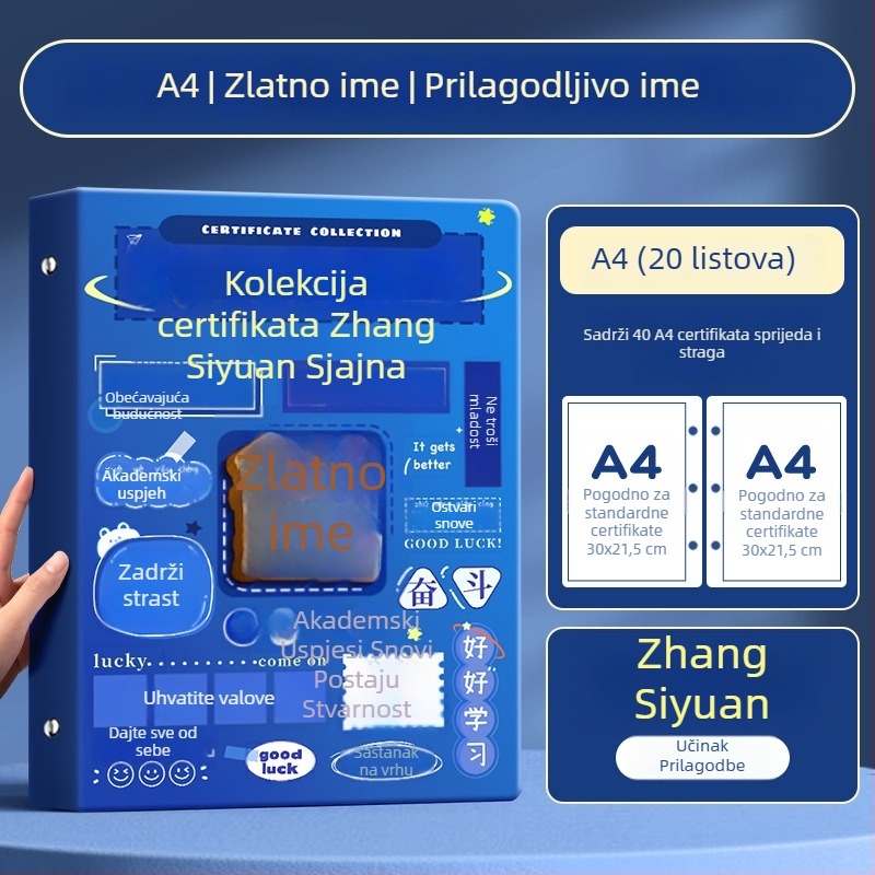 A4 album za certifikate za djecu, s A3 listovima za certifikate i mogućnošću kačenja