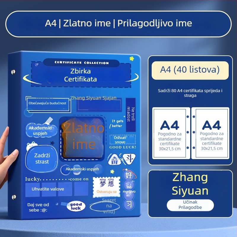 A4 album za certifikate za djecu, s A3 listovima za certifikate i mogućnošću kačenja
