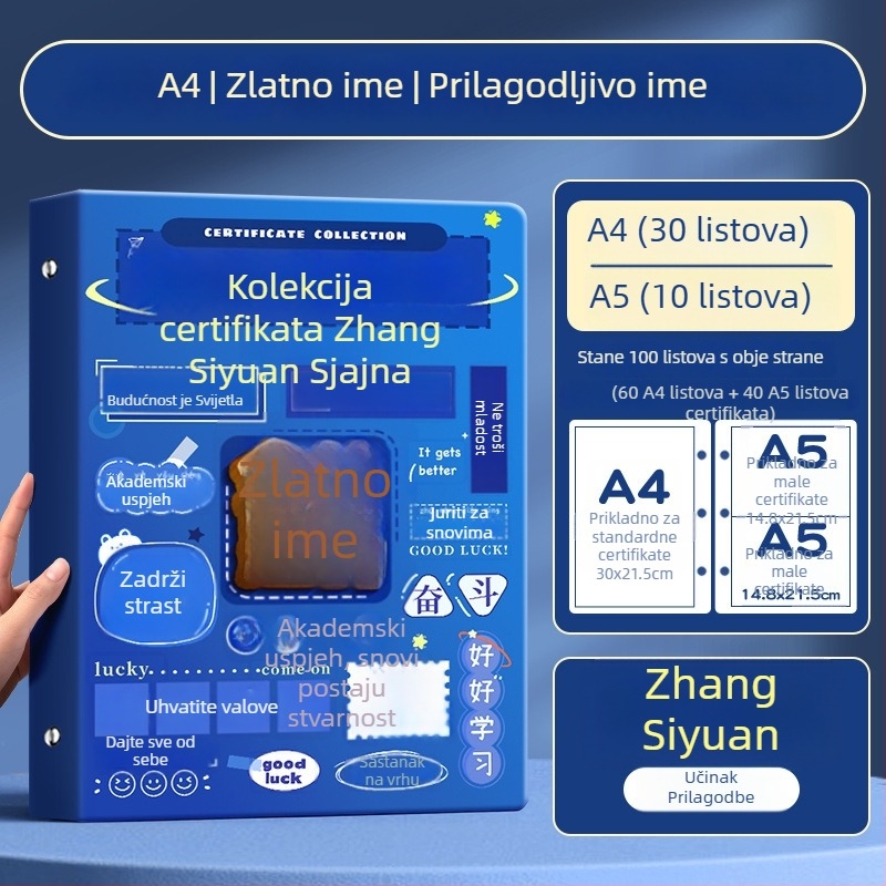 A4 album za certifikate za djecu, s A3 listovima za certifikate i mogućnošću kačenja
