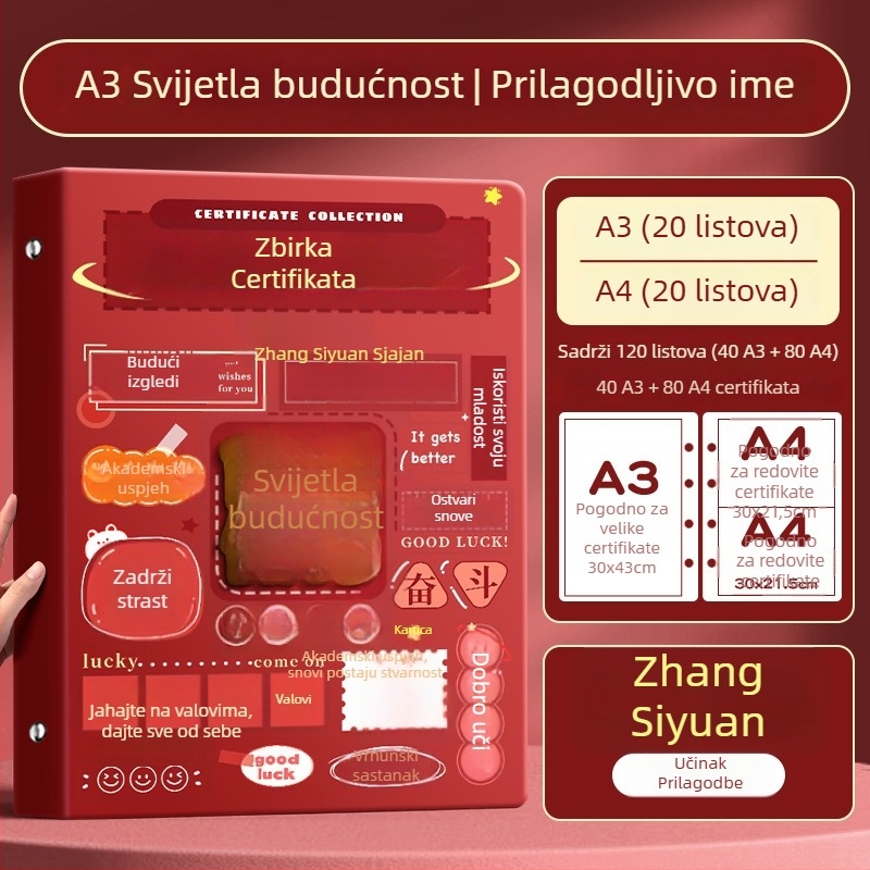 A4 album za certifikate za djecu, s A3 listovima za certifikate i mogućnošću kačenja