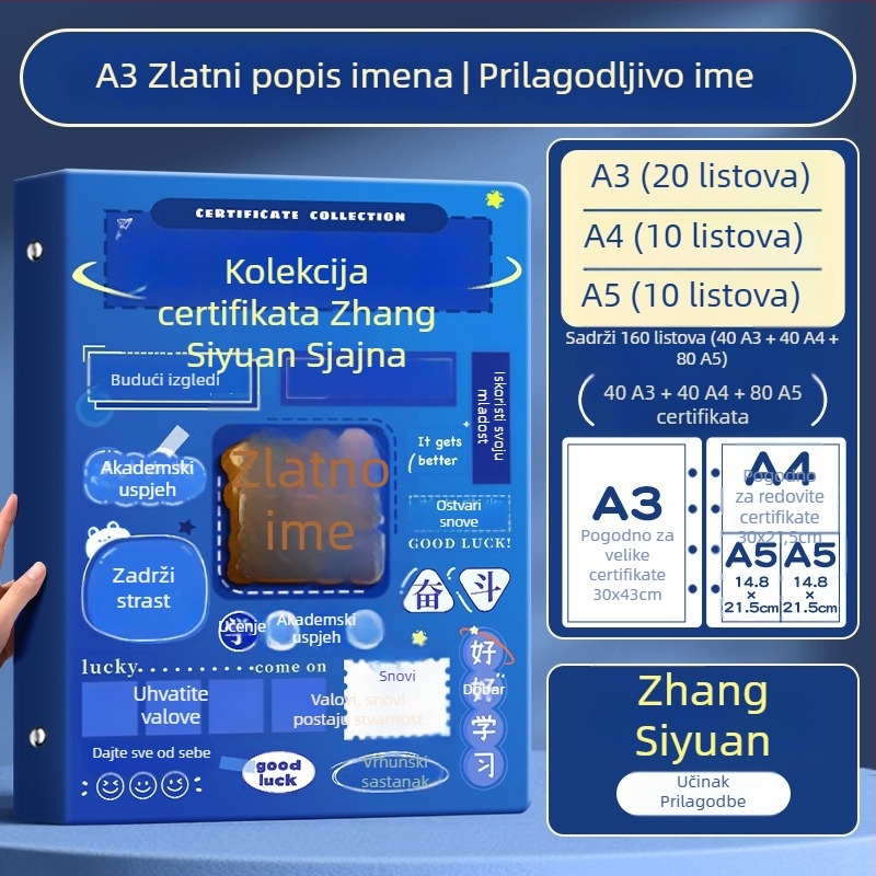 A4 album za certifikate za djecu, s A3 listovima za certifikate i mogućnošću kačenja