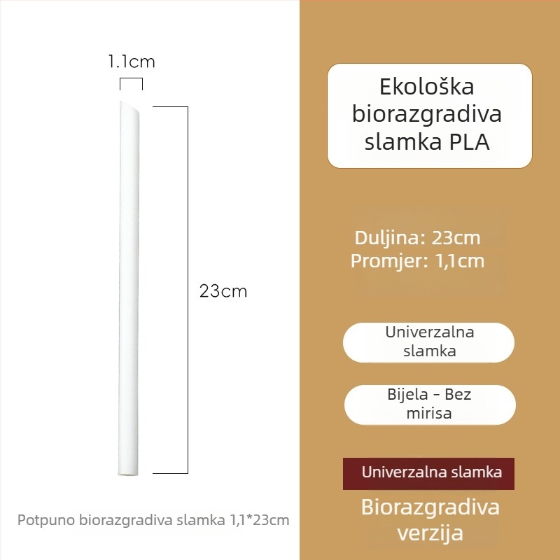 Jednokratna biorazgradiva PLA slamka, pojedinačno pakirana, za kavu, napitke i mliječni čaj.