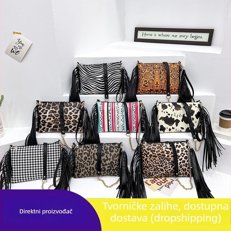 PU ženska crossbody torba s resicama, srednje veličine kvadratnog oblika, otisak, lančani remen