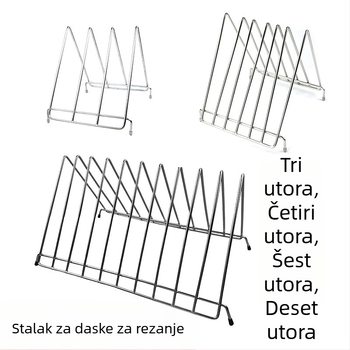 Trokutasti stalak za daske za rezanje od nehrđajućeg čelika s mrežastim okvirom i odvodnim stalkom za plastične daske; 6, 3, 4 i 10 pretinaca.