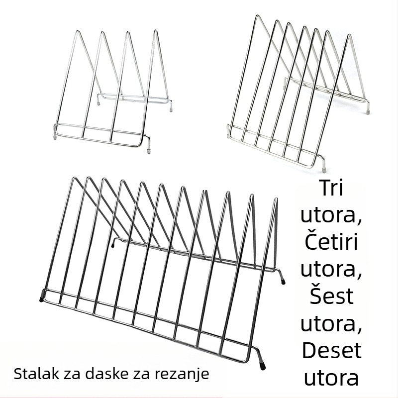Trokutasti stalak za daske za rezanje od nehrđajućeg čelika s mrežastim okvirom i odvodnim stalkom za plastične daske; 6, 3, 4 i 10 pretinaca.
