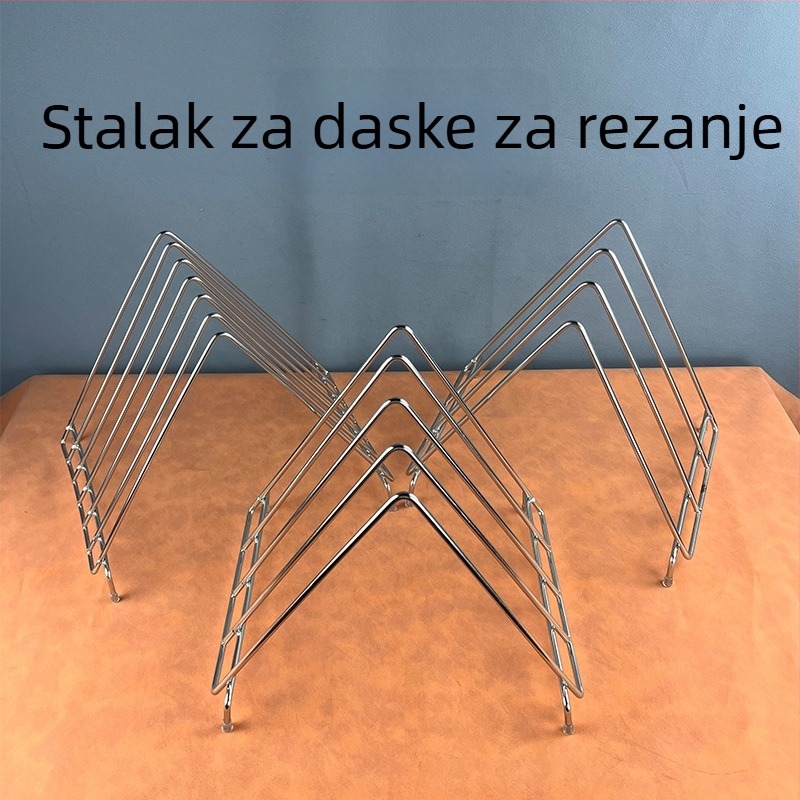 Trokutasti stalak za daske za rezanje od nehrđajućeg čelika s mrežastim okvirom i odvodnim stalkom za plastične daske; 6, 3, 4 i 10 pretinaca.