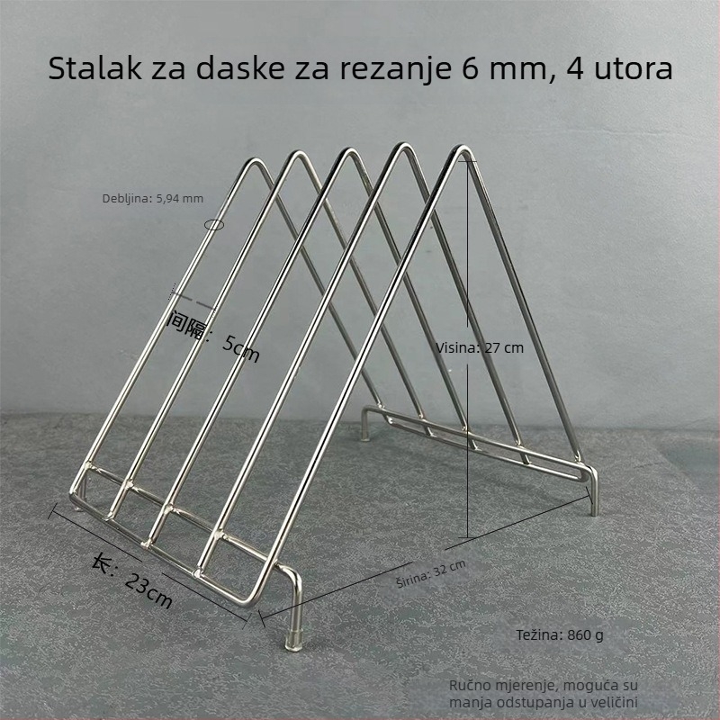 Trokutasti stalak za daske za rezanje od nehrđajućeg čelika s mrežastim okvirom i odvodnim stalkom za plastične daske; 6, 3, 4 i 10 pretinaca.