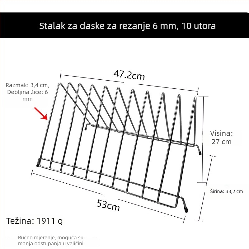 Trokutasti stalak za daske za rezanje od nehrđajućeg čelika s mrežastim okvirom i odvodnim stalkom za plastične daske; 6, 3, 4 i 10 pretinaca.