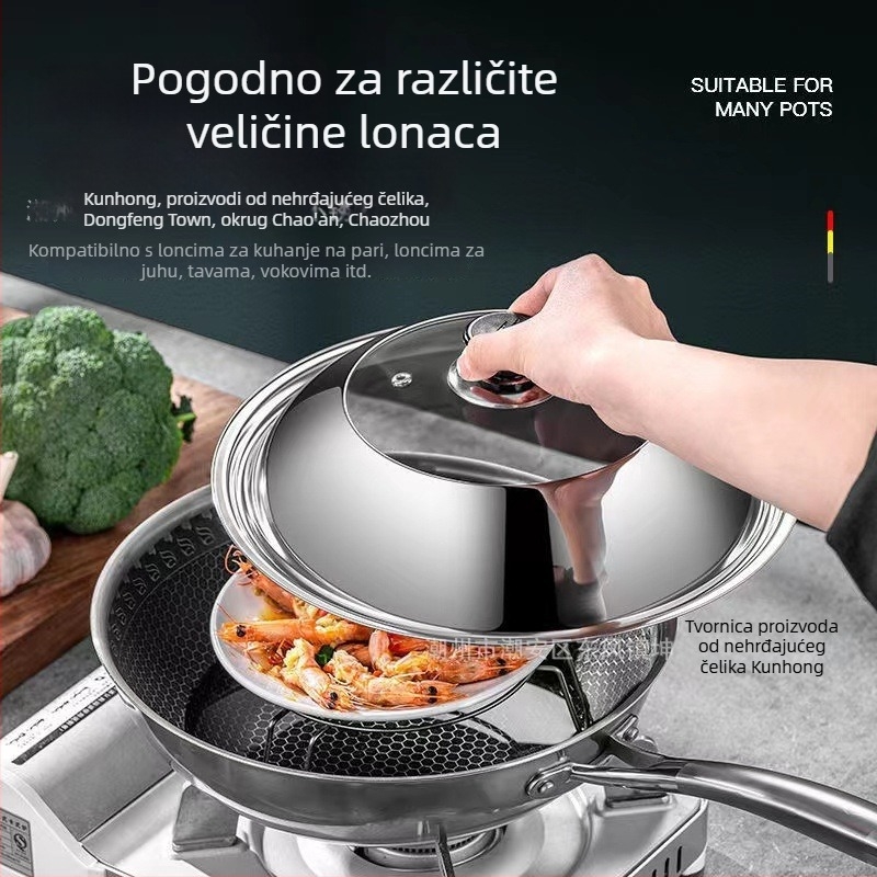 Nerđajući čelični poklopac, podesiv promjer 28–42 cm, za lonce i wok, višenamjenski poklopac za kuhanje