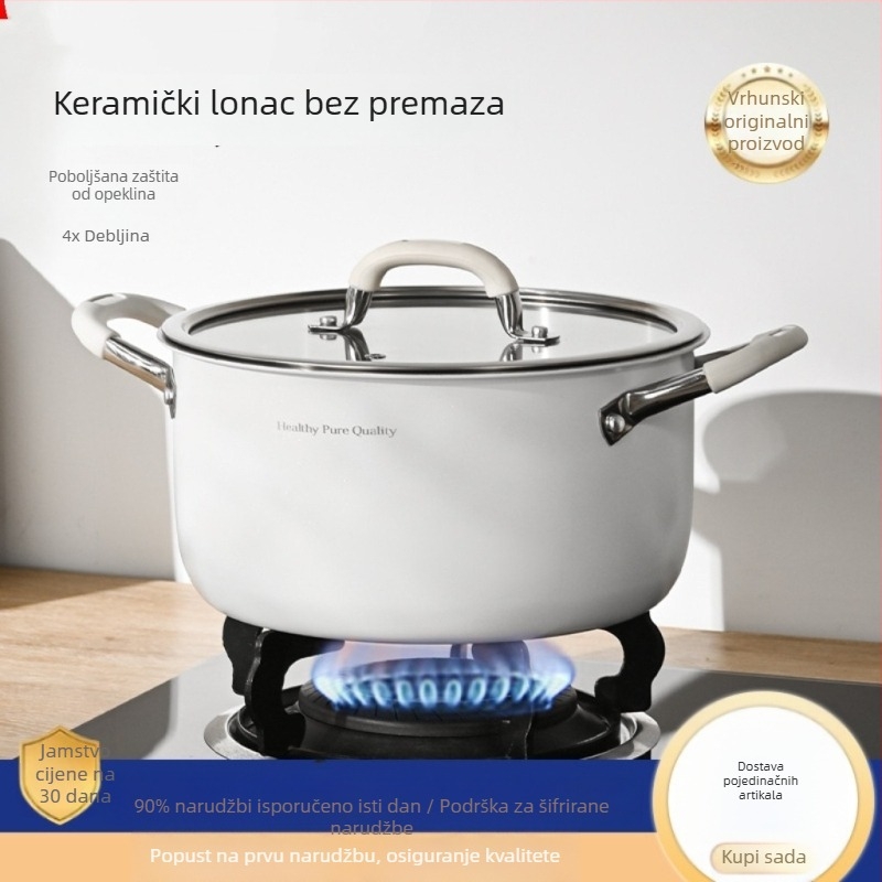 Keramički lonac za juhu od nehrđajućeg čelika 316L, bez premaza, debeli i duboki, za kućnu uporabu, kompatibilan s indukcijskom pločom i plinskim štednjakom, lonac s dvostrukim ručkama za parenje i kuhanje
