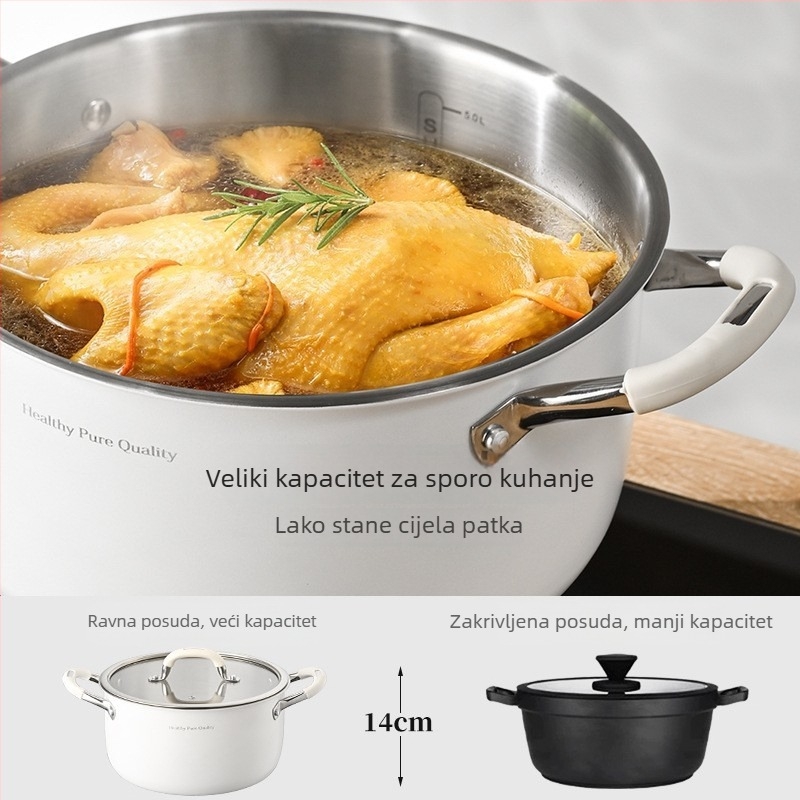 Keramički lonac za juhu od nehrđajućeg čelika 316L, bez premaza, debeli i duboki, za kućnu uporabu, kompatibilan s indukcijskom pločom i plinskim štednjakom, lonac s dvostrukim ručkama za parenje i kuhanje