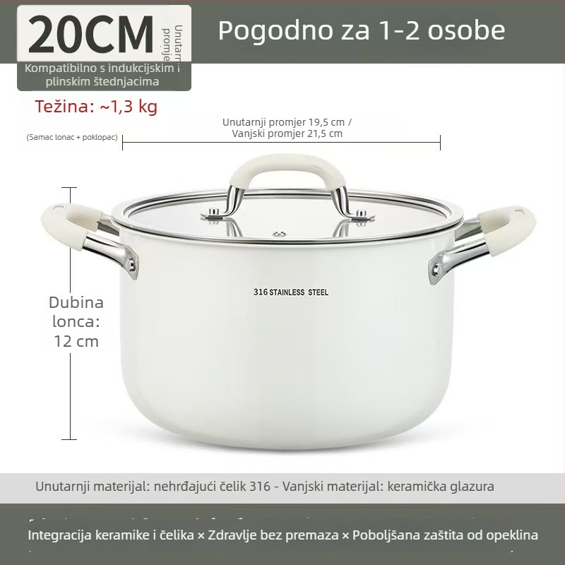 Keramički lonac za juhu od nehrđajućeg čelika 316L, bez premaza, debeli i duboki, za kućnu uporabu, kompatibilan s indukcijskom pločom i plinskim štednjakom, lonac s dvostrukim ručkama za parenje i kuhanje