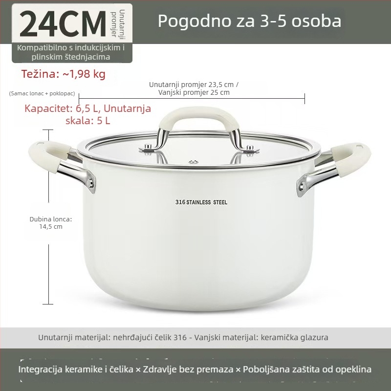 Keramički lonac za juhu od nehrđajućeg čelika 316L, bez premaza, debeli i duboki, za kućnu uporabu, kompatibilan s indukcijskom pločom i plinskim štednjakom, lonac s dvostrukim ručkama za parenje i kuhanje
