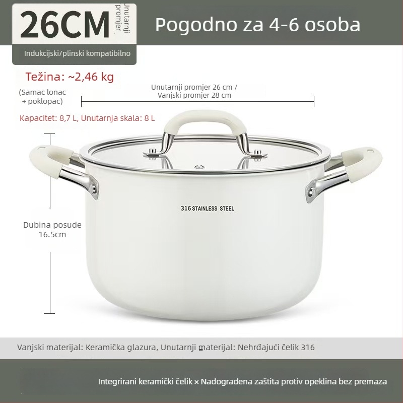 Keramički lonac za juhu od nehrđajućeg čelika 316L, bez premaza, debeli i duboki, za kućnu uporabu, kompatibilan s indukcijskom pločom i plinskim štednjakom, lonac s dvostrukim ručkama za parenje i kuhanje