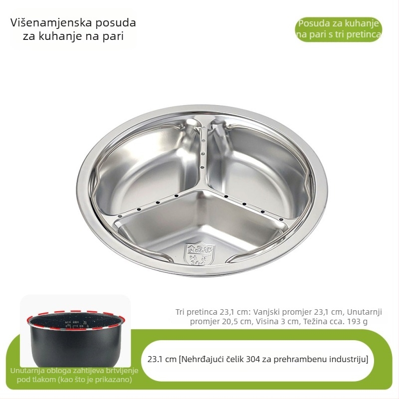 Tri-komorna parna posuda od nehrđajućeg čelika 304 za kućnu upotrebu, prijenosni stalak za odvajanje vode, višenamjenski parni alat za rižu i povrće