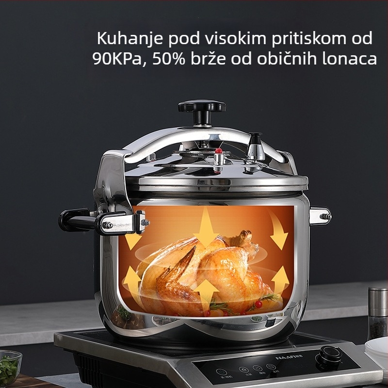 Eksplozijski otporan lonac pod pritiskom za komercijalnu upotrebu, velikog kapaciteta, od nehrđajućeg čelika, univerzalan za plin i indukcijsku ploču, višestruke namjene, ekstra velikog kapaciteta.