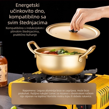 Korejskog stila žuto aluminijsko lonac za instantnu rezancu, brzo zagrijavanje, kućni lonac s dvjema ručkama i poklopcem; lonac za ramen i juhu, pogodan za bibimbap i hladna jela; kompaktni mini lonac za dom