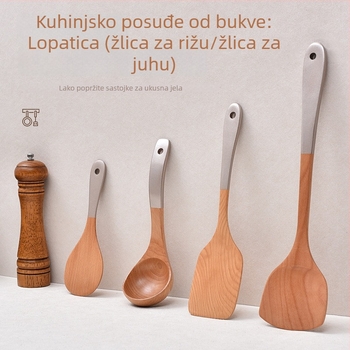 Drveni set špatula za kuhanje s neprimijanjajućom površinom – uključuje špatulu za tiganj, žlicu za rižu i žlicu za juhu; moguć logotip po želji