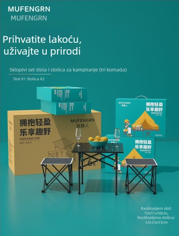 Pet-dijelni sklopivi set stolova i stolica za vanjsku upotrebu, aluminijski okvir i Oxford tkanina, za kampiranje i roštiljanje