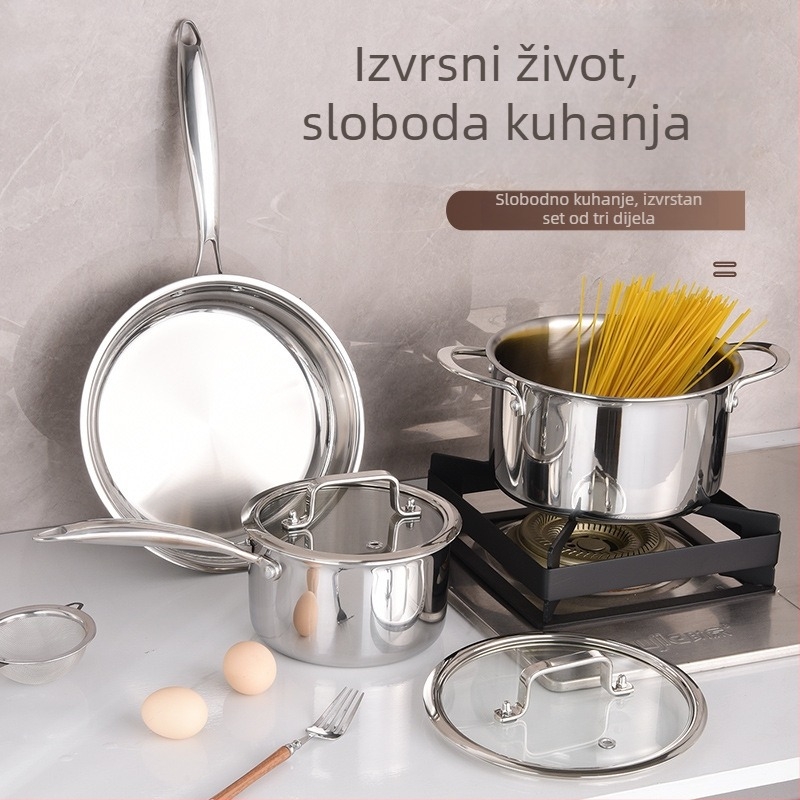 Trostruki set posuda od nehrđajućeg čelika 304 – lonac za mlijeko 16 cm, lonac za juhu 20 cm i tava 26 cm s prozirnim poklopcima, sjajan završetak, višeslojno dno, kućna upotreba