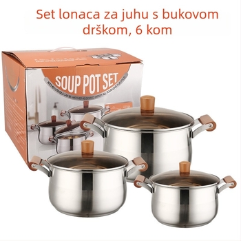 Šestdijelni set posuđa od nehrđajućeg čelika s bukovim držašima, velike kapacitete; uključuje lonac za mlijeko i lonac za juhu
