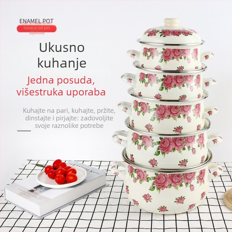 Petodijelni set emajliranih lonaca, 18–26 cm, s staklenim poklopcima, lonac s dvostrukom ručkom