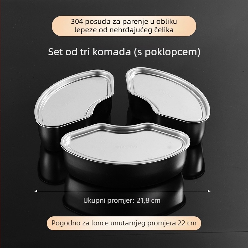 Kutija za paru od 304 nerđajućeg čelika u obliku ventilatora, za kućni rižin kuhalo; podijeljena posuda za paru, parni tanjur i šalica za paru s poklopcem