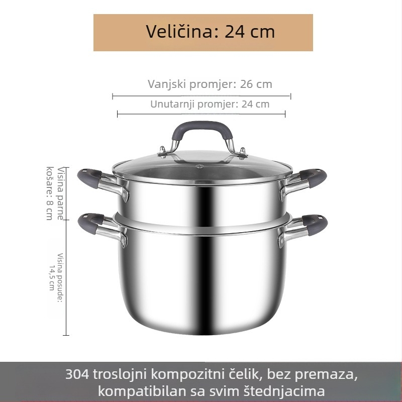 Trostruko slojevita posuda za juhu od nehrđajućeg čelika 304 s poklopcem i rešetkom za paru, višefunkcionalna, s dvije ručke