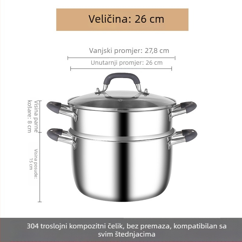 Trostruko slojevita posuda za juhu od nehrđajućeg čelika 304 s poklopcem i rešetkom za paru, višefunkcionalna, s dvije ručke