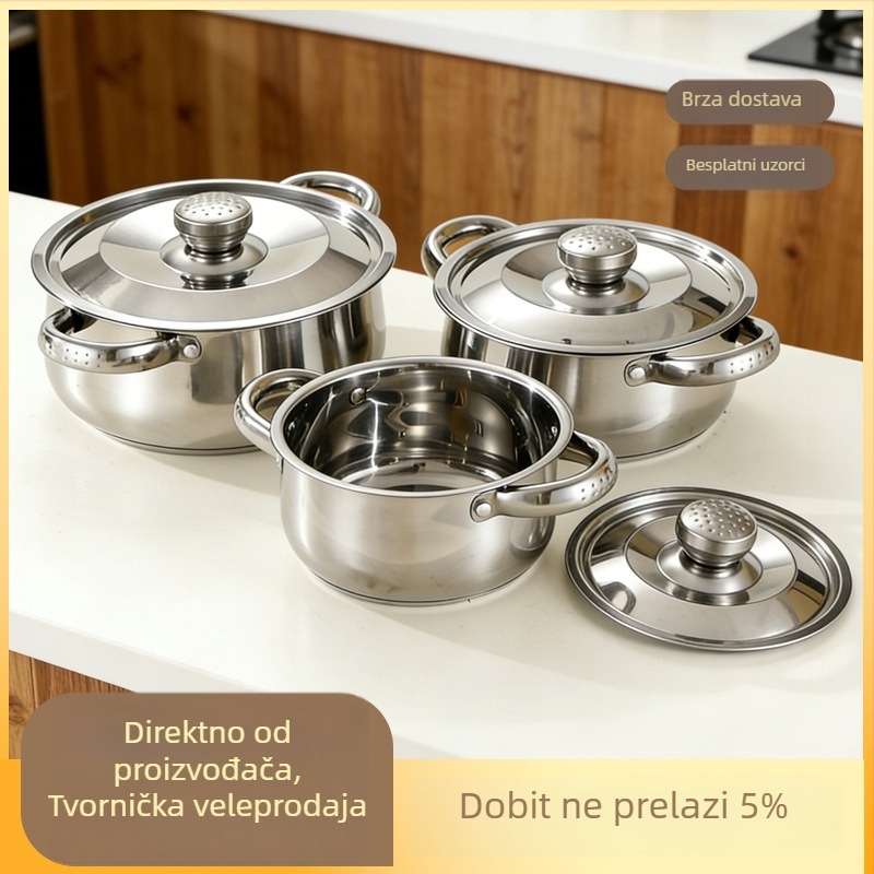 Set posuđa od nehrđajućeg čelika s loncem za juhu i kuhinjskim priborom, 3-dijelni, s debelim dnom, za kućnu upotrebu