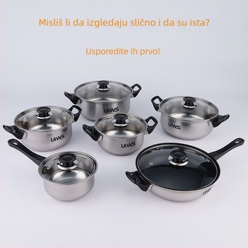 12-dijelni set posuđa od nehrđajućeg čelika s crnim ručkama, pogodan za indukcijsku ploču, uključuje tavu, lonac za mlijeko i posuđe za kuhanje