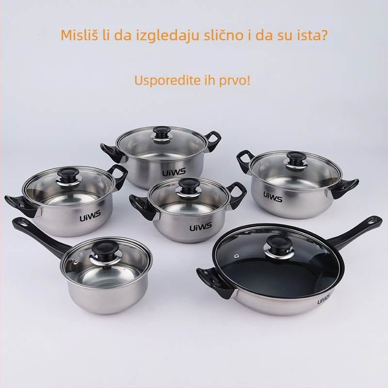 12-dijelni set posuđa od nehrđajućeg čelika s crnim ručkama, pogodan za indukcijsku ploču, uključuje tavu, lonac za mlijeko i posuđe za kuhanje