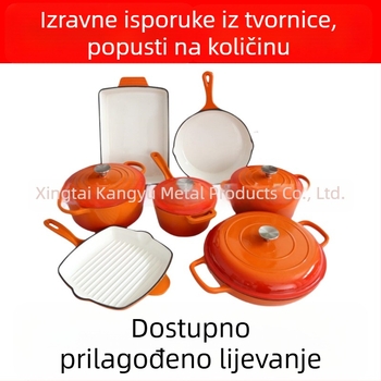Nova emajlirana posuda od lijevanog željeza za kuhanje na paru i dinstanje, uključuje tiganj, 11-dijelni set s ravnim dnom