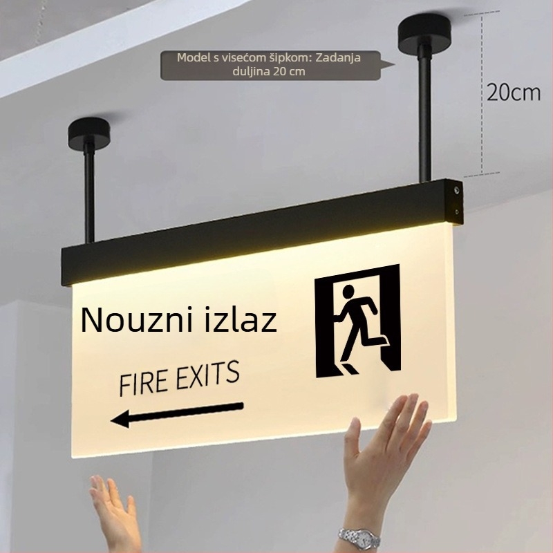 Set svjetlećih natpisa za siguran prolaz u trgovačkom centru: WC, izlaz, vodič lifta, brojevi vrata i prostorija