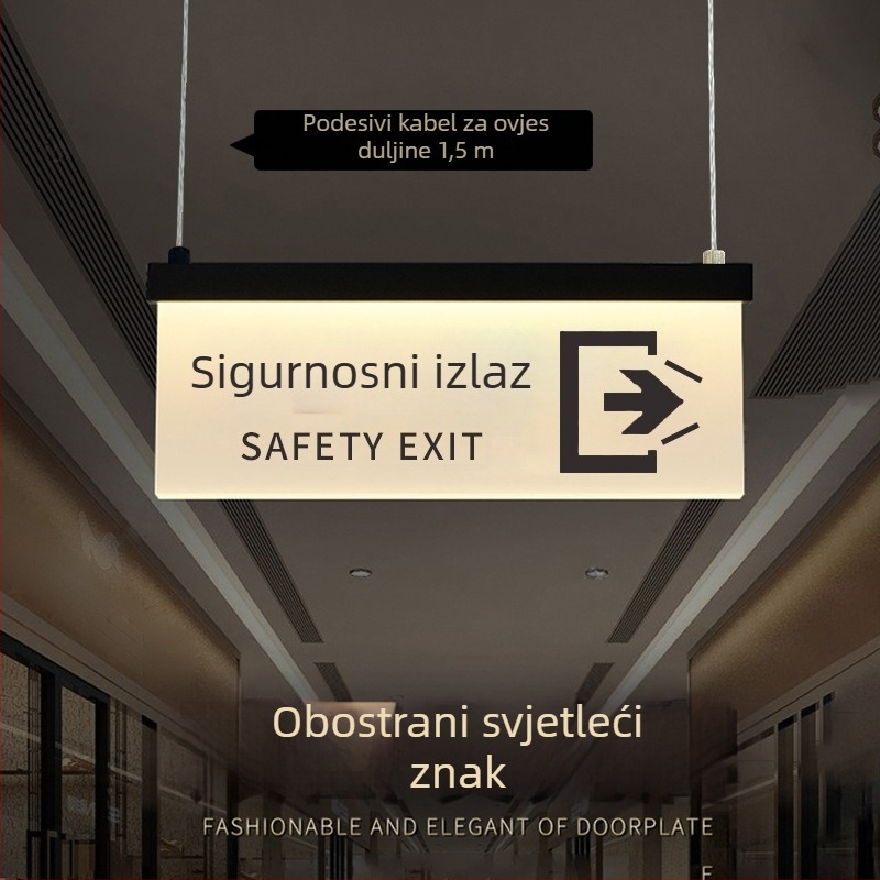 Set svjetlećih natpisa za siguran prolaz u trgovačkom centru: WC, izlaz, vodič lifta, brojevi vrata i prostorija