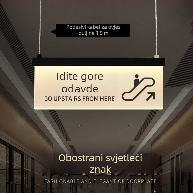 Set svjetlećih natpisa za siguran prolaz u trgovačkom centru: WC, izlaz, vodič lifta, brojevi vrata i prostorija