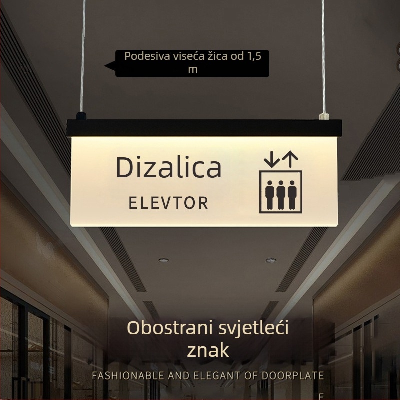 Set svjetlećih natpisa za siguran prolaz u trgovačkom centru: WC, izlaz, vodič lifta, brojevi vrata i prostorija