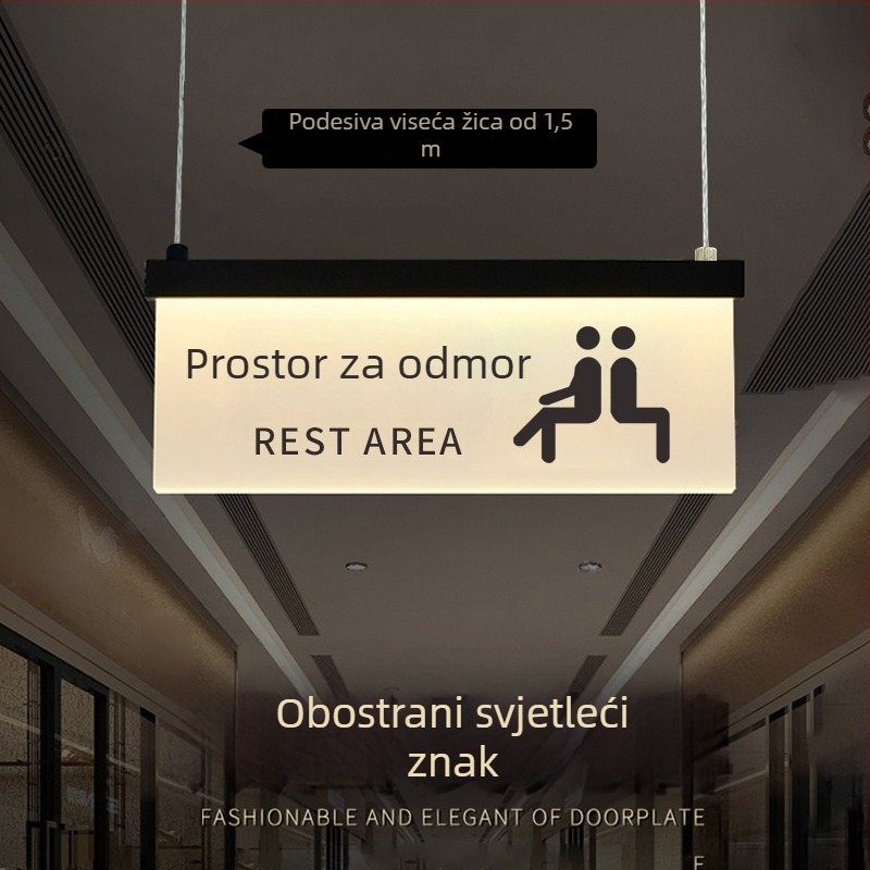 Set svjetlećih natpisa za siguran prolaz u trgovačkom centru: WC, izlaz, vodič lifta, brojevi vrata i prostorija