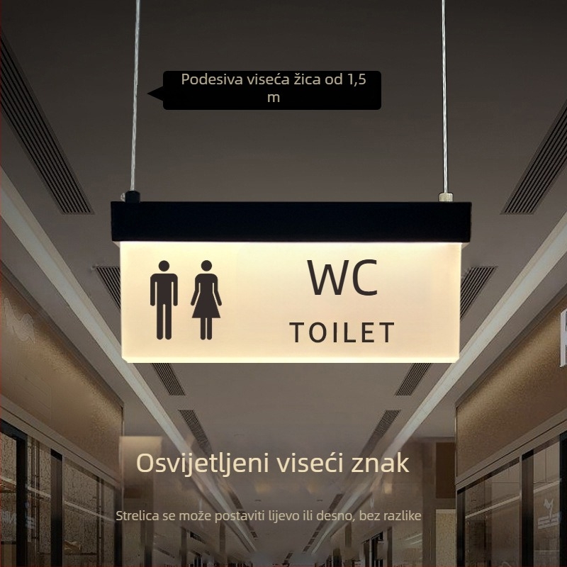 Set svjetlećih natpisa za siguran prolaz u trgovačkom centru: WC, izlaz, vodič lifta, brojevi vrata i prostorija