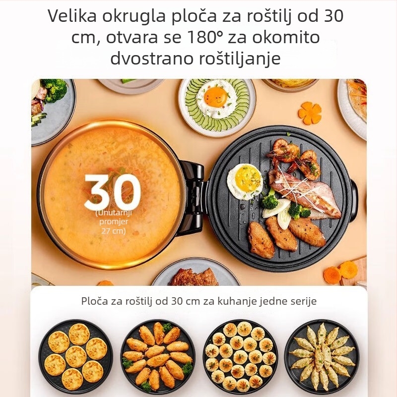 Okrugla električna tava za pečenje, promjer 26–28 cm, dvostruko grijanje, visi dizajn, za 2–3 osobe