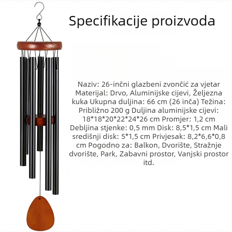 Metalno zvono na vjetar, 45 inča, crne boje, dekorativni komad za dom, memorijalni glazbeni zvuk