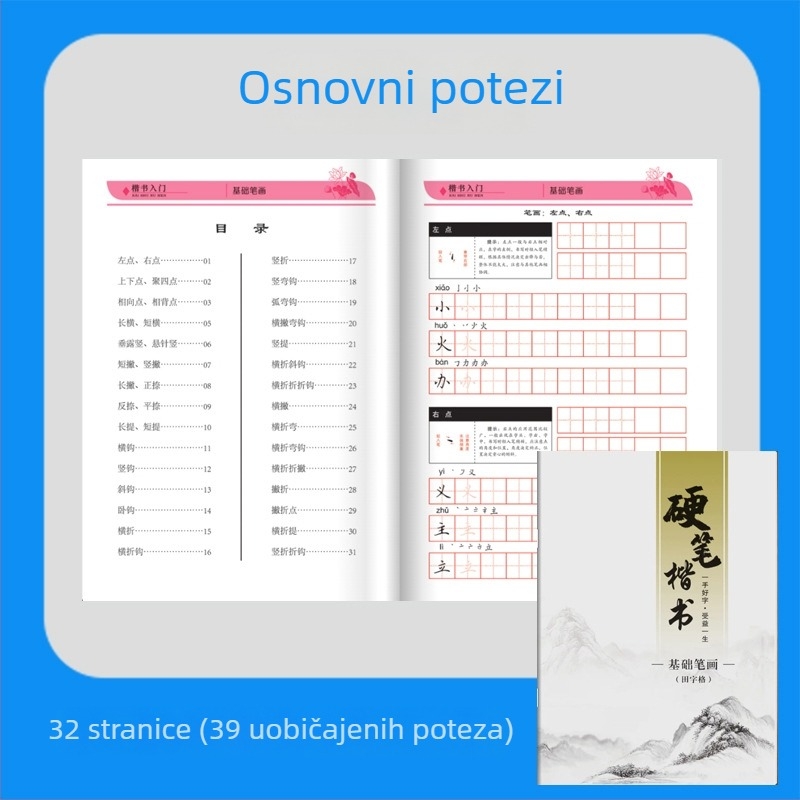Vježbenica za pisanje tvrdom olovkom u standardnom rukopisu za djecu: osnovne poteze, radikali i struktura znakova