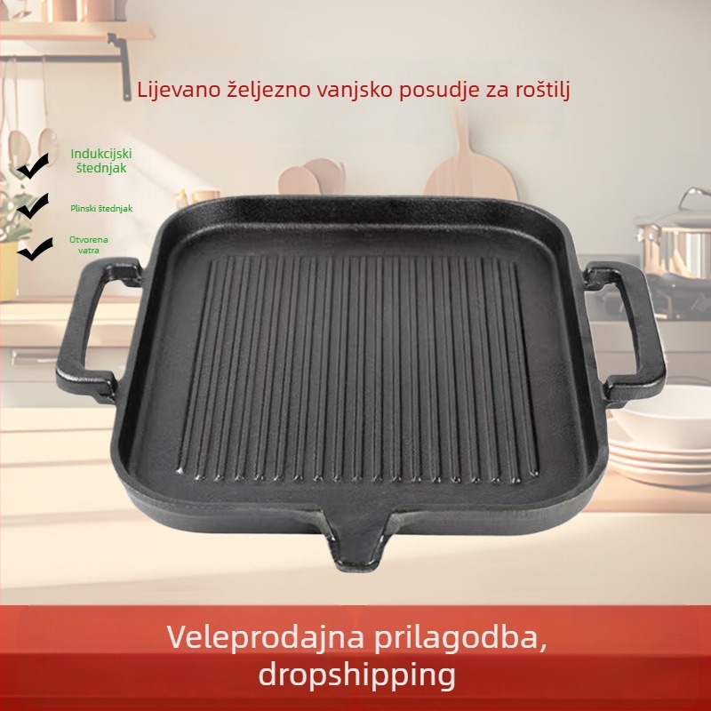 Vanjska tava od livenog željeza za roštilj, debela konstrukcija, za kampiranje i kućnu upotrebu, bez kemijskog premaza, kompatibilna s indukcijskim pločama